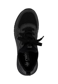 Black athletic shoe with a mesh upper, textured leather accents, and flat laces. Features a cushioned insole and rubber outsole.