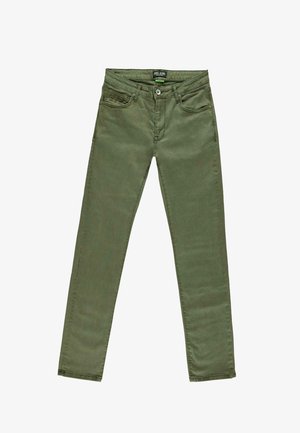 Olijfgroene denim jeans met een slim fit, voorzien van een knoopsluiting, vijf zakken en subtiele branding op de tailleband.