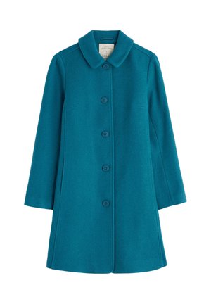 Tiefer blauer Wollmantel mit langen Ärmeln, Kragen und fünf vorderen Knöpfen, leicht ausgestelltem Saum und taillierten Nähten.