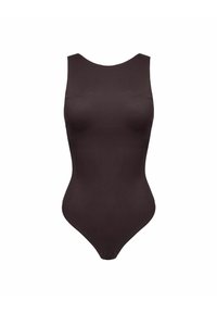 Czarny bezrękawnikowy body z wysokim, okrągłym dekoltem i dopasowanym fasonem na białym tle.