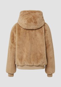 Beige nepbont hoodiejack met een ronde capuchon, elastische manchetten en zoom; textuur, zachte oppervlakte met een iets cropped pasvorm.