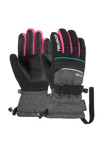 Schwarze Handschuhe aus Softshell-Stoff mit pinken und blauen Akzenten. Sie verfügen über eine strukturierte Handfläche, einen verstellbaren Handgelenkriemen und einen elastischen Verschluss für einen sicheren Sitz.