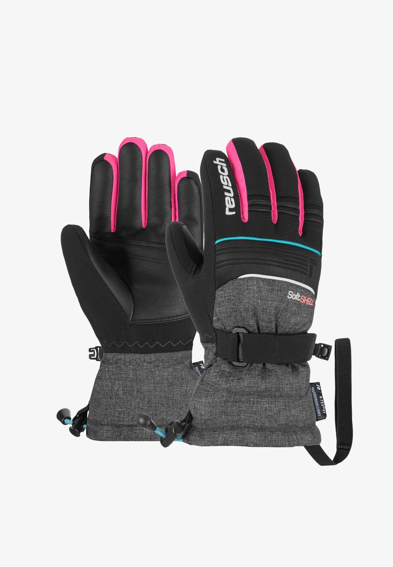 Schwarze Handschuhe aus Softshell-Stoff mit pinken und blauen Akzenten. Sie verfügen über eine strukturierte Handfläche, einen verstellbaren Handgelenkriemen und einen elastischen Verschluss für einen sicheren Sitz.