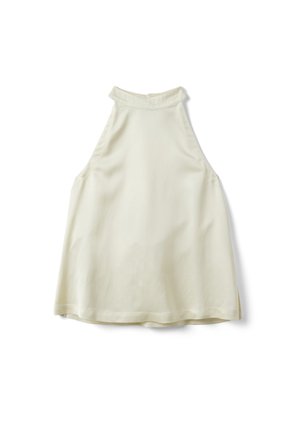 Ärmelloses cremefarbenes Neckholder-Top mit hohem Ausschnitt und leicht ausgestelltem Schnitt, flach auf weißem Hintergrund dargestellt.