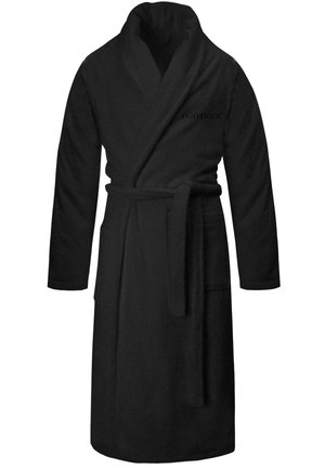 Schwarzer Bademantel aus weichem Stoff. Mit langen Ärmeln, einem Schalkragen, Bindegürtel und zwei vorderen Taschen. Prägungslogo auf der Brust.