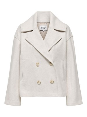 Kremfarget dobbelspent ullkåpe med brede slag, to frontlommer og fire lyse knapper, merket størrelse M fra merket ONLY.