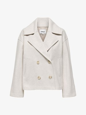 Kreemikas kahekordse nööpimisega villast mantel, millel on laiad kraed, kaks esitamist, neli heledat nuppu, suurus M, brändi ONLY.