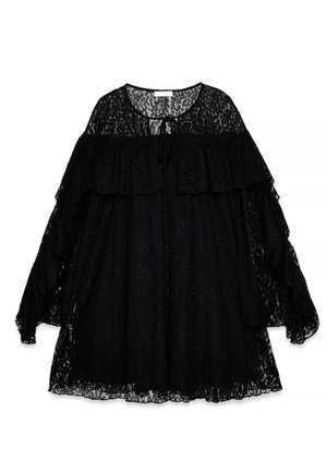 Black lace dress with layered ruffles, round neckline, and long sleeves. The fabric features a floral pattern with a textured finish.
