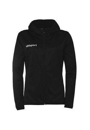 Zwarte rits hoodie gemaakt van zacht fabric, met een capuchon, lange mouwen en een wit "uhlsport" logo op de linkerborst.