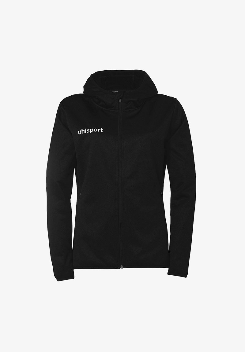 Schwarzer Reißverschluss-Hoodie aus weichem Stoff, mit Kapuze, langen Ärmeln und einem weißen "uhlsport"-Logo auf der linken Brust.