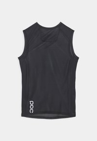 Black sleeveless mesh jersey with rounded neckline, featuring a small logo at the bottom. Lightweight fabric with a breathable texture.