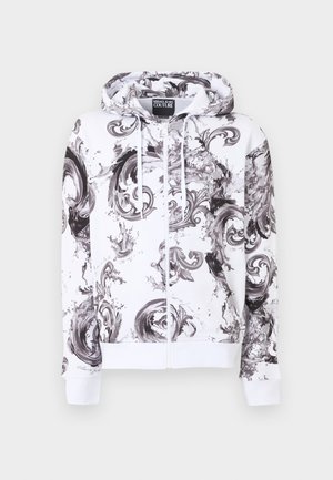 Weißer Kapuzenpullover mit Reißverschluss, schwarz-graue abstrakte Wirbelmuster und Kapuze mit Kordelzug, mit dem Label Versace Jeans Couture.