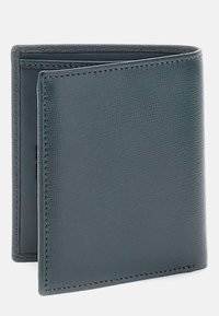 Dark gray bifold wallet made of textured leather, featuring clean lines, contrasting stitching, and no visible hardware. Compact design.