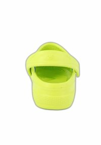 Neon yellow slide sandal with a textured footbed and open back. Features a wide strap across the instep and a solid, molded design.
