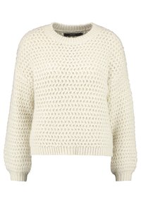 Cremfarbener gestrickter Pullover mit strukturiertem Muster, rundem Ausschnitt und gerippten Bündchen. Lockerer Schnitt mit verkürztem Saum.