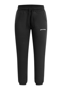 Svarta sweatpants med elastisk midja, dragsko, två sidofickor och ett vitt logotryck på vänster lår.