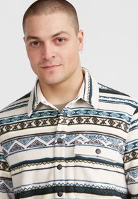 Fleecowa koszula w niebiesko-zielono-brązowy geometryczny wzór na białym tle. Zawiera guziki i kieszeń na piersi. Miękka tekstura.