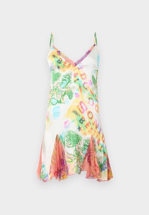 Λευκό φόρεμα με τιράντες με πολύχρωμα τροπικά σχέδια, κείμενο, δαντελένιο τελείωμα στο ντεκολτέ και βολάν σε πορτοκαλί-ροζ αποχρώσεις στο τελείωμα.