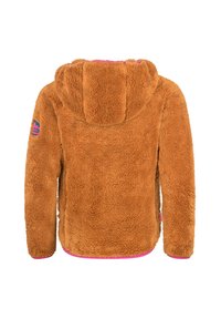 Brown fleece hoodie with a textured surface, pink lining, and a drawstring hood. Features a small logo on the left sleeve.