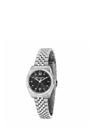 Orologio da polso in metallo argento con quadrante nero, numeri romani XII e VI, indici delle ore in cristallo e marchio KARL LAGERFELD sul quadrante.
