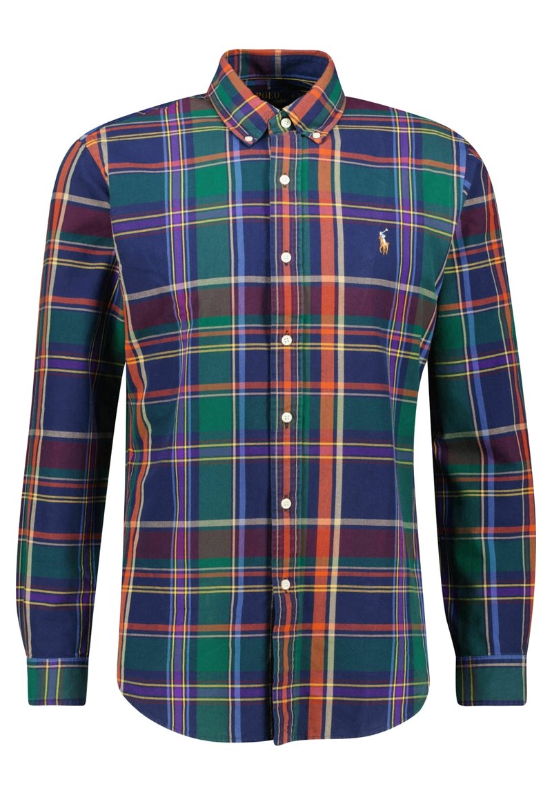 Camisa de cuadros con botones en colores azul marino, verde, naranja y púrpura, con cuello, mangas largas y logo en el pecho. Material de algodón.