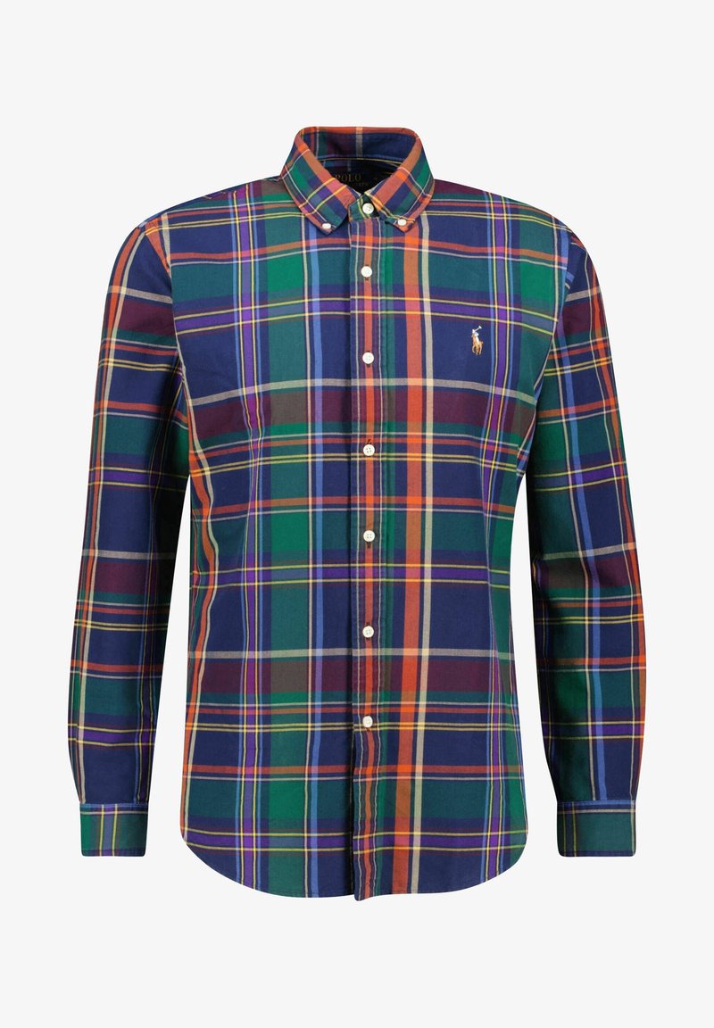 Camisa de cuadros con botones en colores azul marino, verde, naranja y púrpura, con cuello, mangas largas y logo en el pecho. Material de algodón.