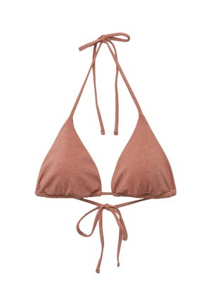 Bikini top ve tvaru trojúhelníku v prachově růžové barvě, s tkaničkami za krkem a na zádech, vyrobený z texturované tkaniny s jemným leskem.