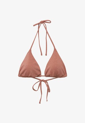 Bikini top v roza prahu v obliki trikotnika z vezicami na vratu in hrbtu, izdelan iz teksturirane tkanine z subtilno bleščico.