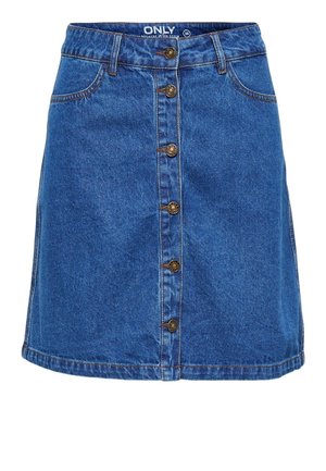Blå A-formet denimnederdel med knaplukning foran, bæltestropper og to forlommer, størrelse 36 fra mærket ONLY.