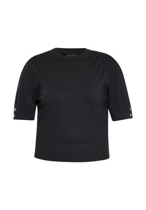Pullover nero a maniche corte realizzato in tessuto a maglia, con scollatura rotonda e bottoni decorativi sulle maniche. Orlo a coste.