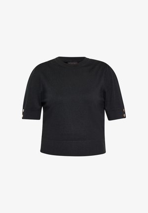 Schwarzer Kurzarmpullover aus Strickstoff, mit Rundhalsausschnitt und dekorativen Knöpfen an den Ärmeln. Gerippter Saum.