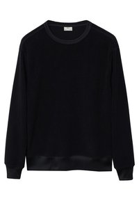 Felpa nera in tessuto morbido, con scollo rotondo, maniche lunghe e polsini e orlo a coste. Tessuto liscio con dettagli minimi.