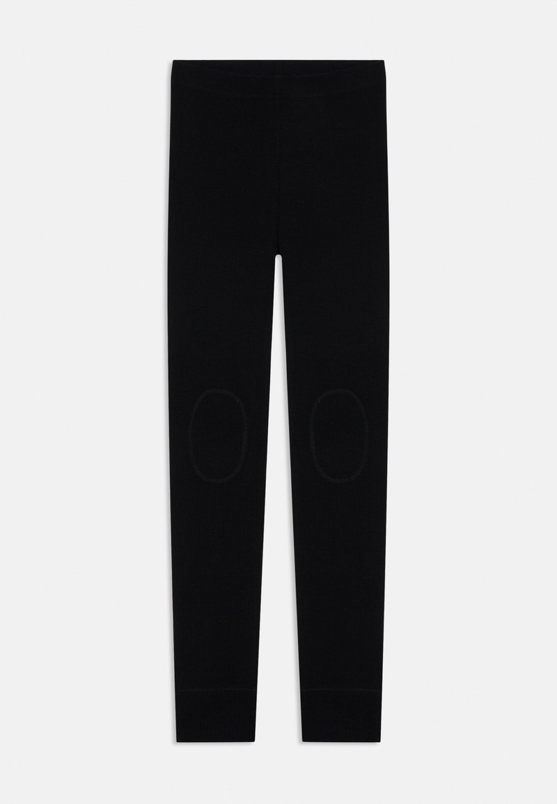 Fekete leggings, melyek textúrált, rugalmas anyagból készültek. Testhezálló kialakítás térdpárnákkal és sima derékpánttal. Nincsenek látható záródások.