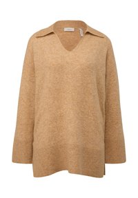 Maglione beige a V con lavorazione a maglia testurizzata, maniche ampie, polsini e orlo a costine. Presenta un colletto classico e spacchi laterali per una maggiore comodità.