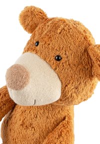 Plush bear toy, orange fur with a light beige face, round ears, black eyes, and a soft, textured body.