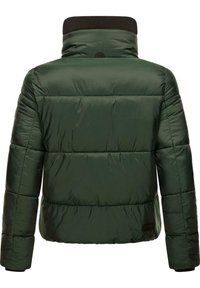 Padded green jacket with a high collar. Features a smooth, shiny texture and horizontal quilted design. Includes a black ribbed accent near the collar.