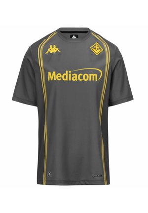 Maillot de sport gris avec des rayures jaunes, logo du sponsor Mediacom, logos de la marque Kappa et emblème du club de football Fiorentina sur la poitrine.