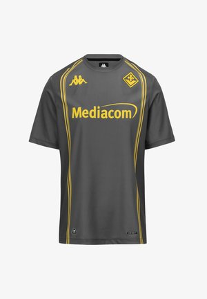 Maillot de sport gris avec des rayures jaunes, logo du sponsor Mediacom, logos de la marque Kappa et emblème du club de football Fiorentina sur la poitrine.