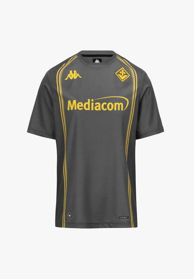 Maillot de sport gris avec des rayures jaunes, logo du sponsor Mediacom, logos de la marque Kappa et emblème du club de football Fiorentina sur la poitrine.