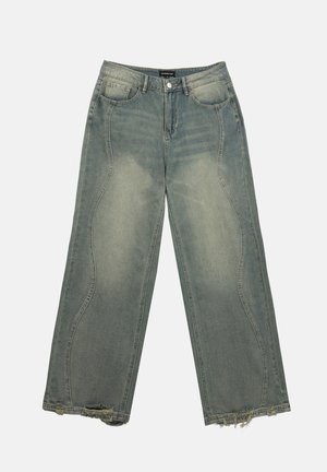 Bredde jeans i falmet grøn denim med en flosset kant, der har subtile syninger og fem-lomme design.