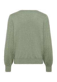 Pulover verde deschis, văzut din spate, cu mâneci lungi ribbate, decolteu rotund și tiv la talie mulat. Material tricotat moale, cu textură.