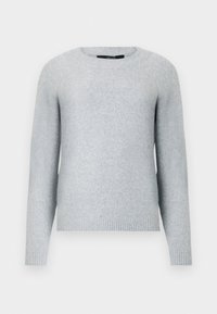 Hellgrauer Pullover aus weichem Stoff, mit Rundhalsausschnitt, langen Raglanärmeln und geripptem Saum sowie Bündchen. Glatte Textur, minimalistisches Design.