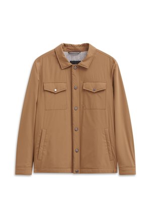 Braune Jacke aus glattem Stoff, mit klassischem Kragen, zwei Brusttaschen, seitlichen Taschen und Druckknopfverschluss.