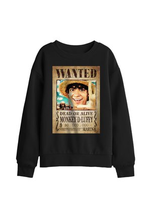 Black sweatshirt featuring a vintage wanted poster of a smiling young man in a straw hat making an L shape with his hand.