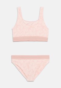 Σετ μπικίνι ανοιχτού ροζ με σχέδιο φύλλου. Το πάνω μέρος διαθέτει στρογγυλεμένο λαιμόκοψη και φαρδιές θέσεις, ενώ το κάτω μέρος έχει ελαστική ζώνη στη μέση.
