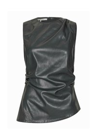 Tmavě zelený kožený top bez rukávů s drapovaným designem, s vysokým výstřihem a asymetrickým lemem, zapínaný na zip na zadní straně.