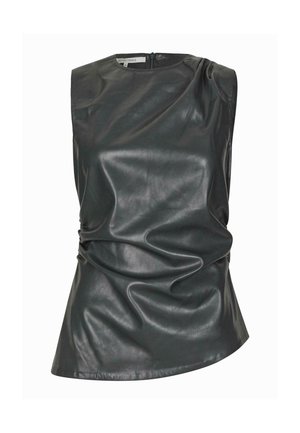 Mörkgrön läder ärmlös topp med draperad design, med hög halsringning och asymmetrisk nederkant, fäst med en dragkedja bak.