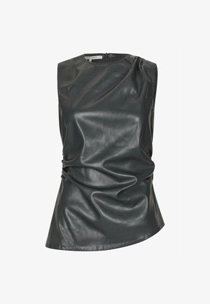 Mörkgrön läder ärmlös topp med draperad design, med hög halsringning och asymmetrisk nederkant, fäst med en dragkedja bak.