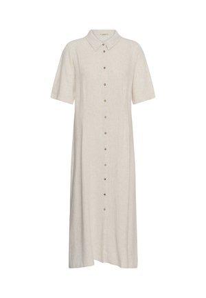 Vestito midi beige a maniche corte con bottoni e colletto, realizzato in tessuto leggero.