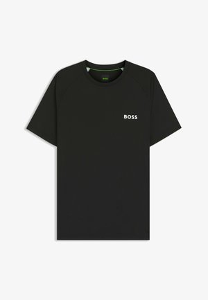 Black T-shirt made of smooth fabric, featuring raglan sleeves and a small white "BOSS" logo on the chest. Simple, modern design.